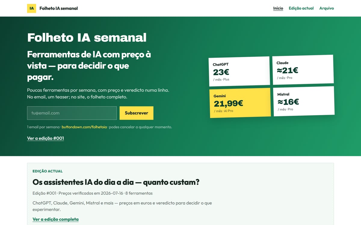 Pré-visualização do Folheto IA — preços de ferramentas de AI à vista